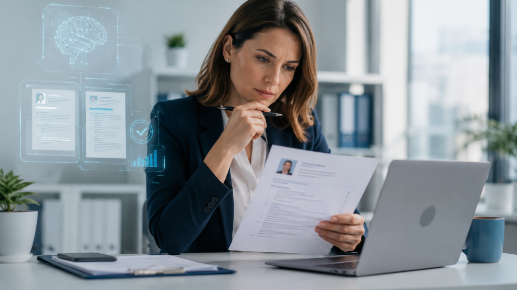 Recruiter reviewing a CV alongside AI-powered screening technology in a modern office.