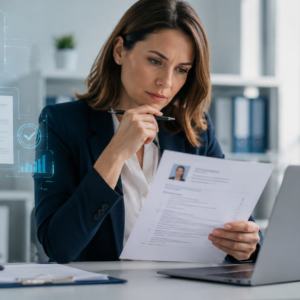 Recruiter reviewing a CV alongside AI-powered screening technology in a modern office.