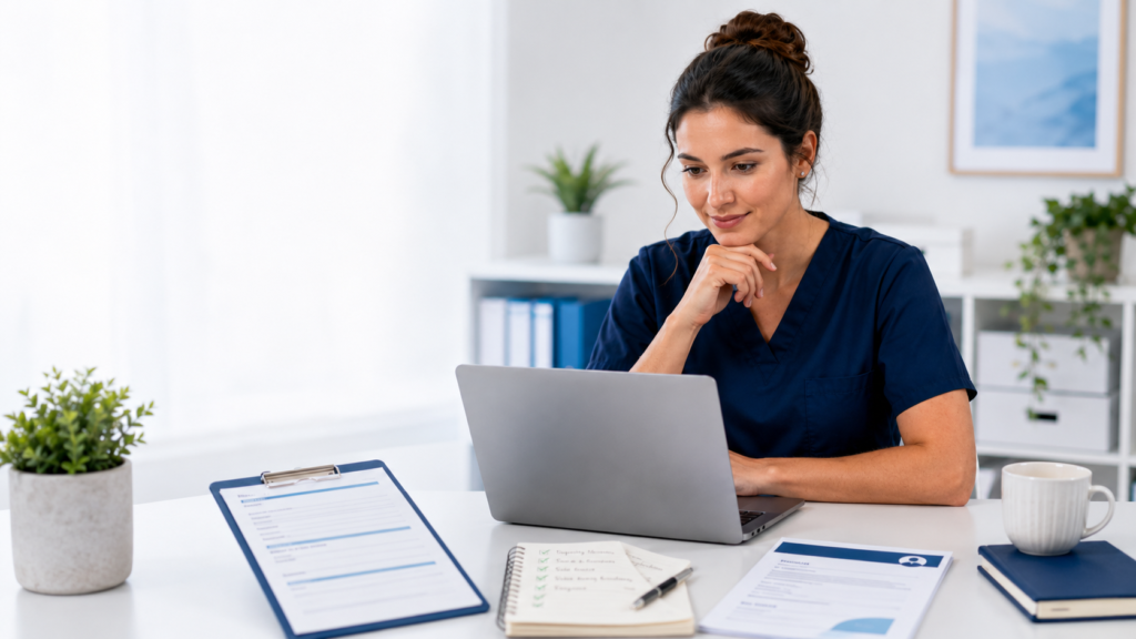 Job seeker comparing a job description with a CV on a laptop, with checklist notes and a 20-minute timer on a desk.