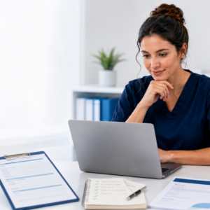 Job seeker comparing a job description with a CV on a laptop, with checklist notes and a 20-minute timer on a desk.